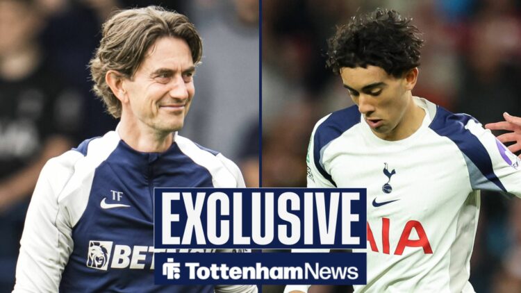 Tottenham manager Thomas Frank smiles. To his right is youngster Luca Williams-Barnett.