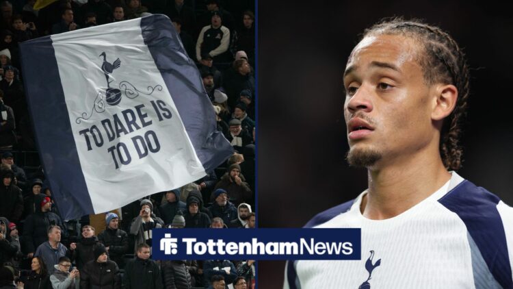 Xavi Simons looks disappointed in the direction of Tottenham fans.