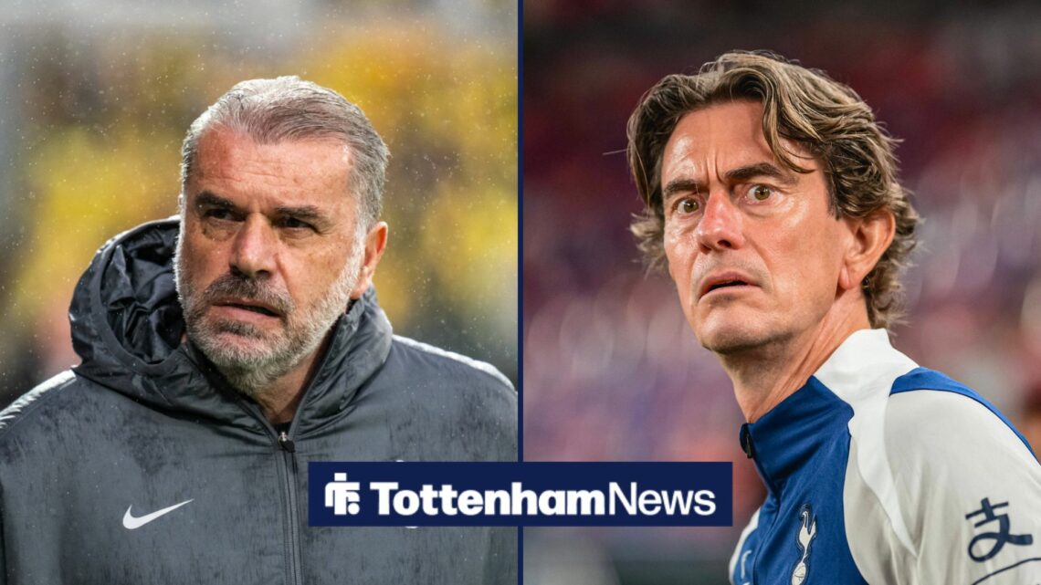 Tottenham manager Thomas Frank with former Tottenham manager Ange Postecoglou