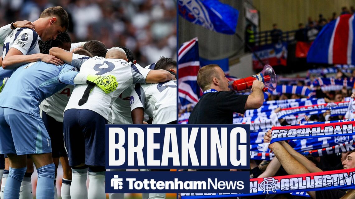 Tottenham players are in a huddle on the left-hand side, to the right is a picture of Rangers fans holding up scarves at Ibrox.