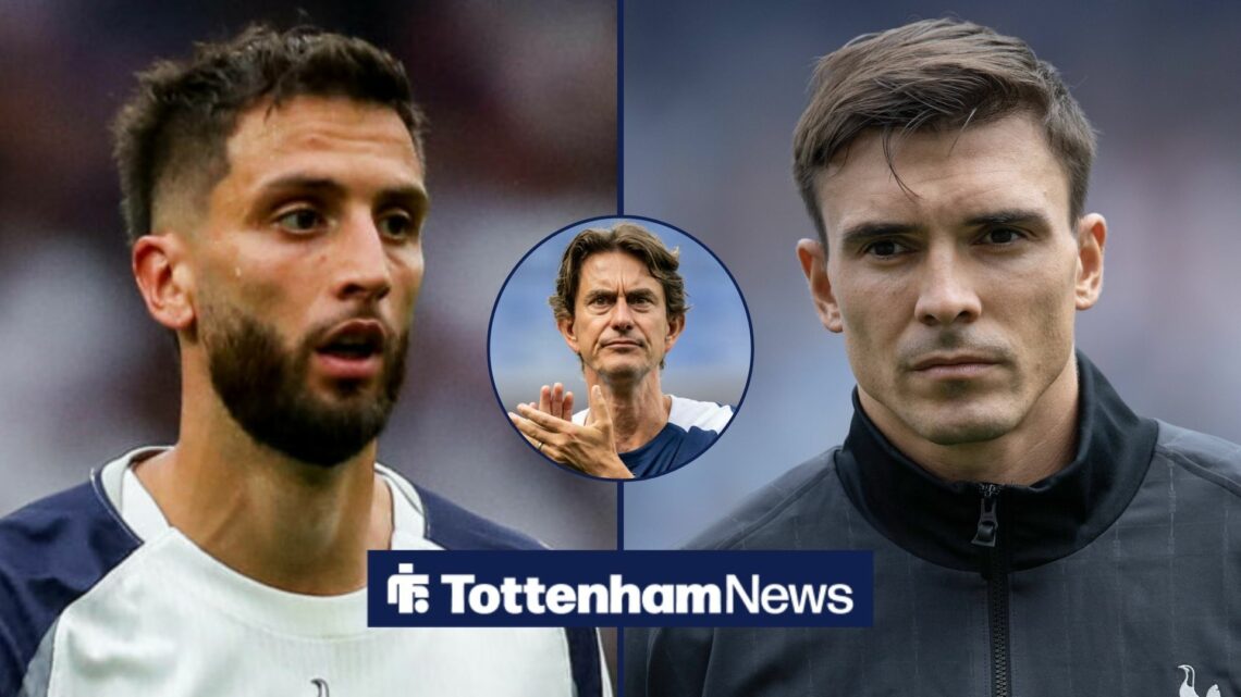 Rodrigo Bentancur and Joao Palhinha looking towards Thomas Frank in a circle inset