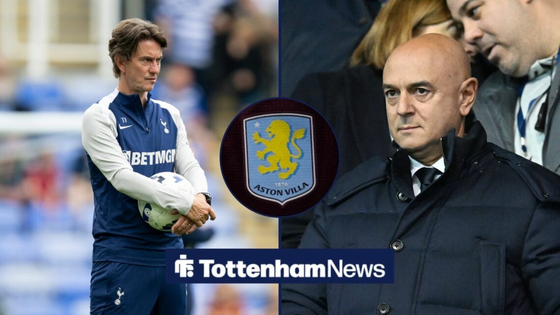 Thomas Frank holding ball on left with Daniel Levy on right with Aston Villa badge in circle in middle