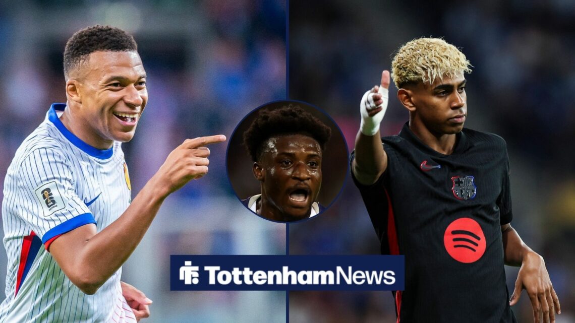 Real Madrid forward Kylian Mbappe points with Barcelona winger Lamine Yamal putting his thumbs up with Tottenham winger Mohammed Kudus inset