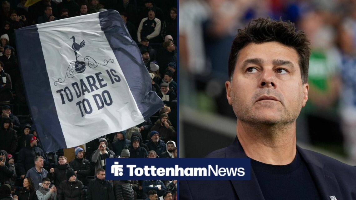 Tottenham fans holding a flag on the left that says 'to dare is to do' with Mauricio Pochettino on the right looking to the left