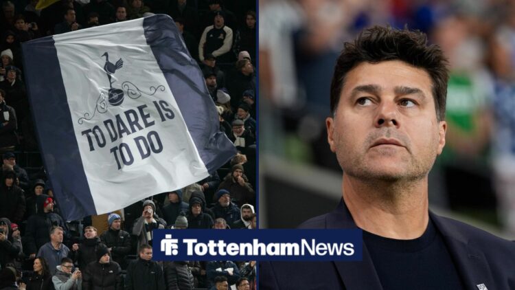 Tottenham fans holding a flag on the left that says 'to dare is to do' with Mauricio Pochettino on the right looking to the left