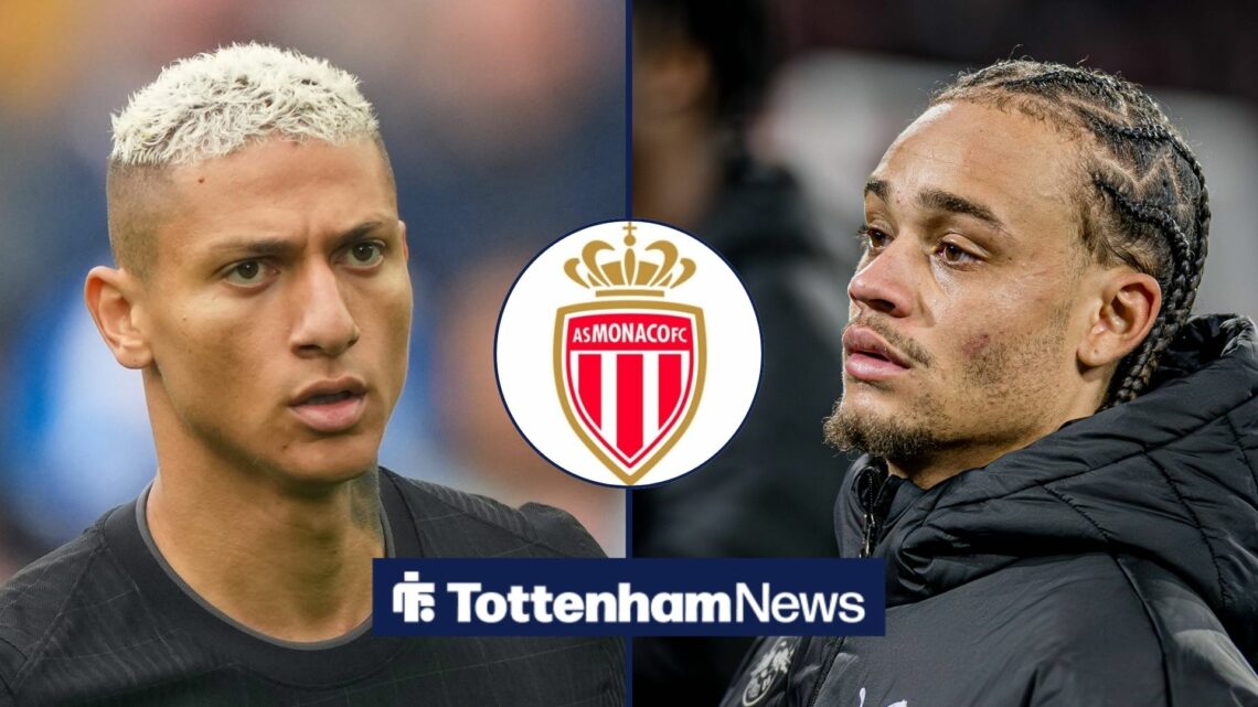 Richarlison and Xavi Simons looking unhappy with Monaco badge in frame.