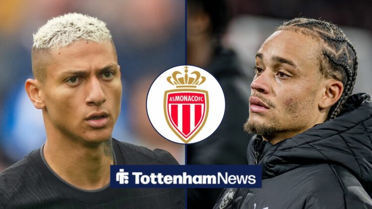 Richarlison and Xavi Simons looking unhappy with Monaco badge in frame.