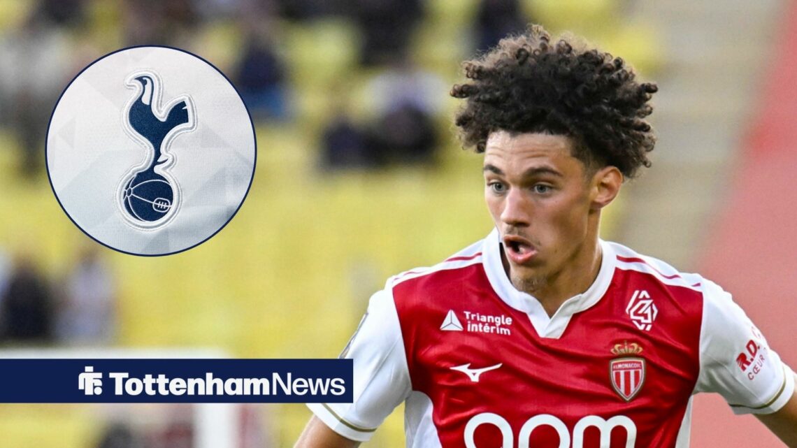 Maghnes Akliouche in action for Monaco and Tottenham badge in circular inset