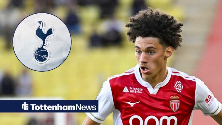 Maghnes Akliouche in action for Monaco and Tottenham badge in circular inset