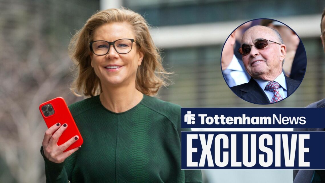 Tottenham News exclusive as businesswoman Amanda Staveley smiles on the street while Tottenham owner Joe Lewis watches on from a circular inset.