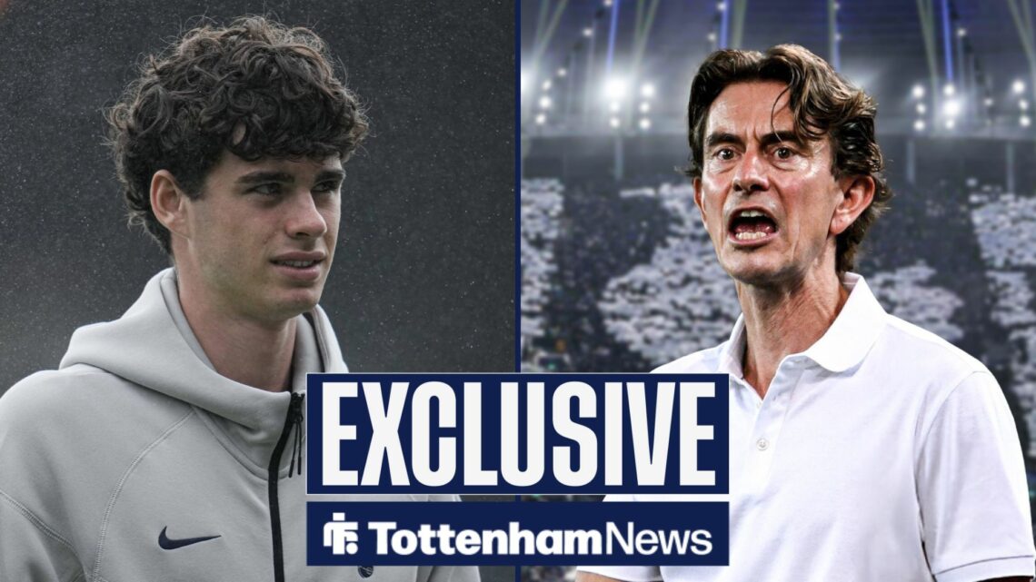 Tottenham News exclusive as Archie Gray stares across a split image at Thomas Frank who shouts insructions on the right half of the image.