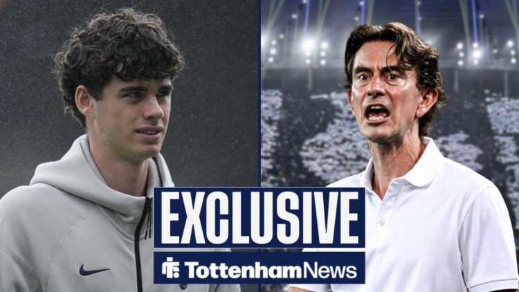 Tottenham News exclusive as Archie Gray stares across a split image at Thomas Frank who shouts insructions on the right half of the image.