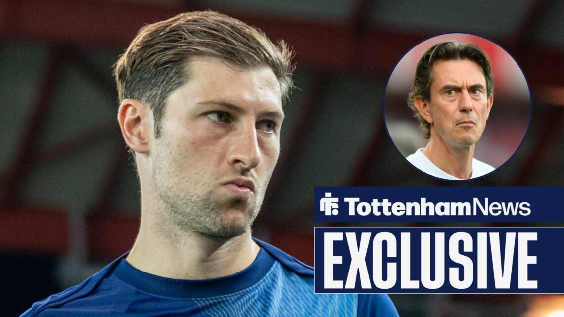 Tottenham News exclusive as Ben Davies glances concernedly towards a circular inset, where Spurs manager Thomas Frank looks back with a steely expr...