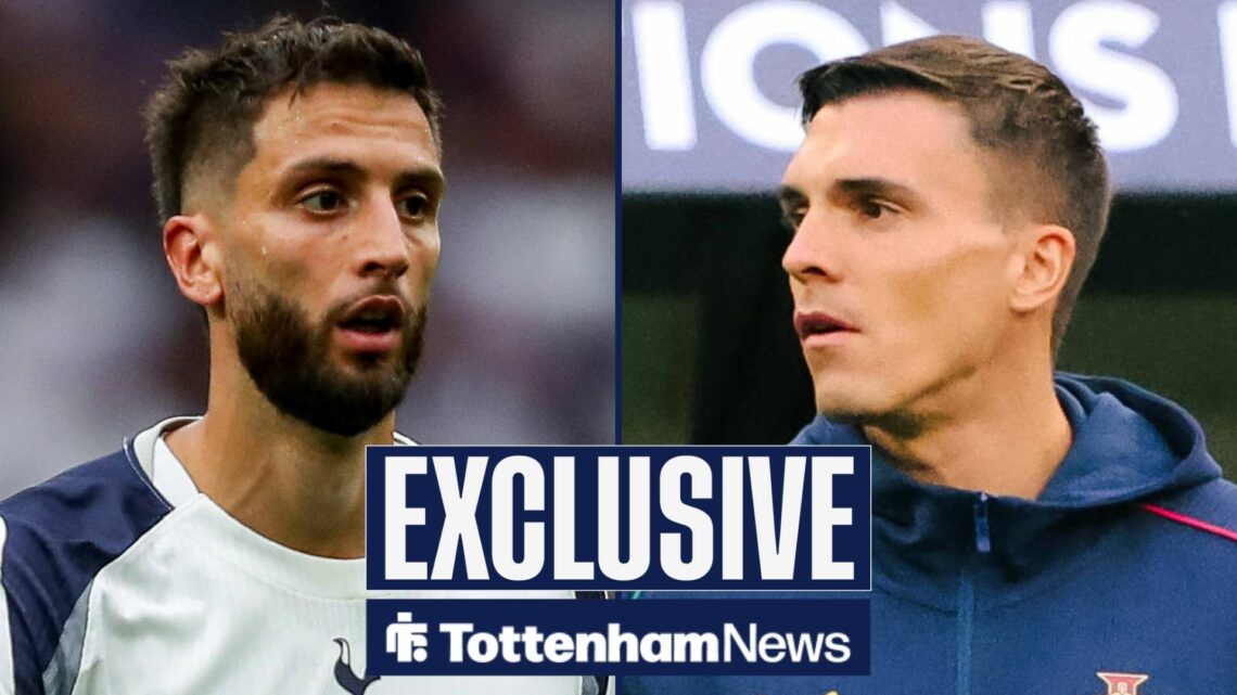 Rodrigo Bentancur in action for Tottenham and Joao Palhinha facing him in split image