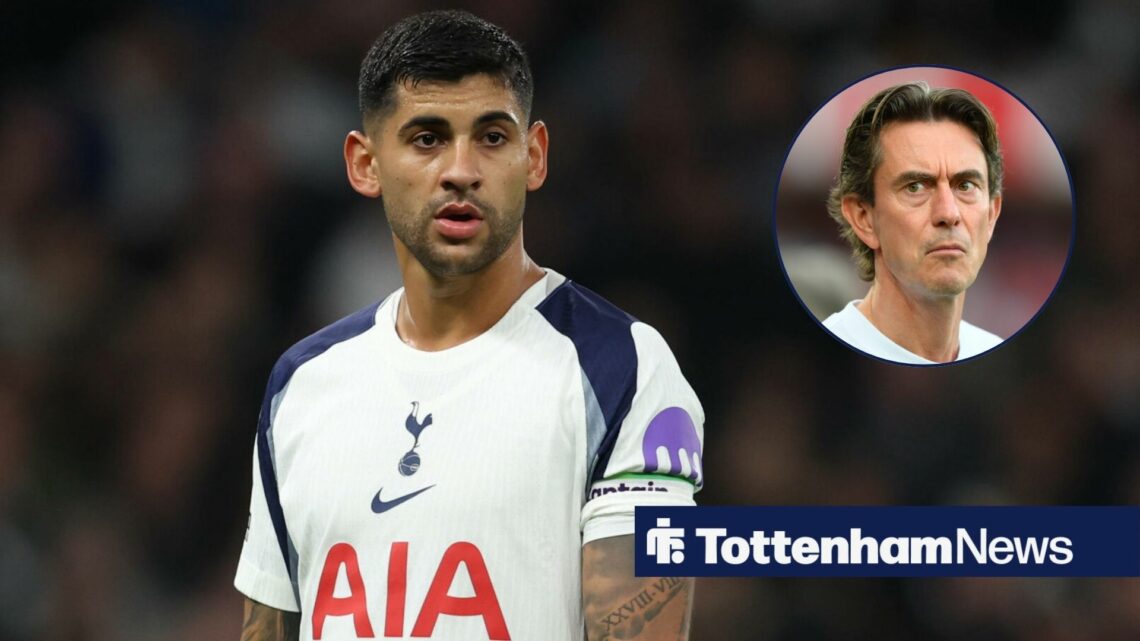 Tottenham star Cristian Romero stands looking concerned during a game, as manager Thomas Frank glares at him from a circular inset.