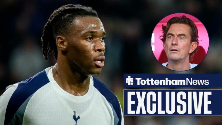 Tottenham News exclusive as Destiny Udogie stares towards a circular inset, where manager Thomas Frank watches on from the dugout.