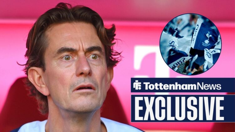 Thomas Frank looks concerned with Tottenham fans in a circular inset.