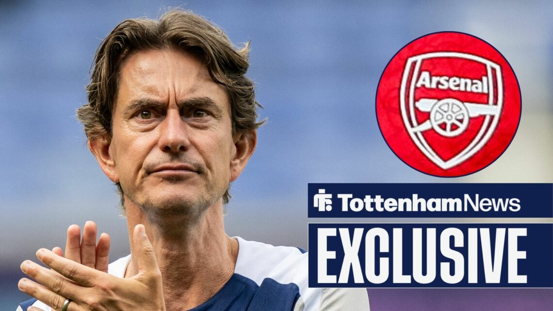 Thomas Frank clapping at Arsenal badge in circular inset