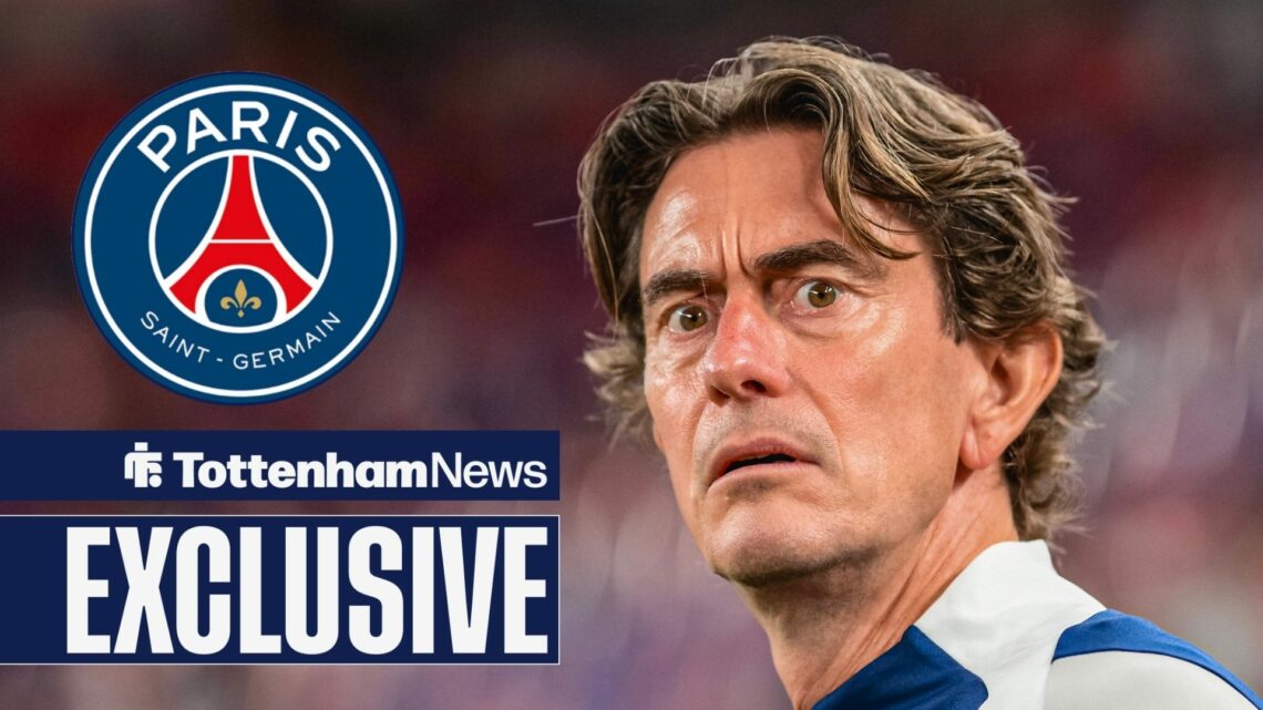 Thomas Frank looks bewildered at PSG badge in circular inset