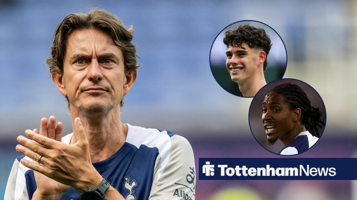 Thomas Frank clapping at Archie Gray and Djed Spence in circular insets