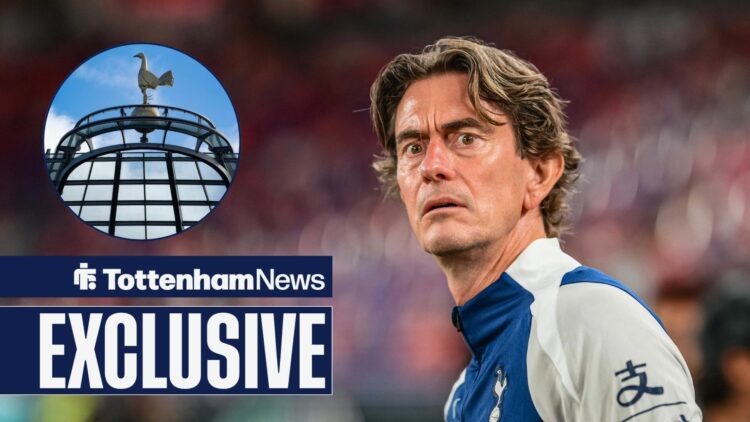 Thomas Frank looking puzzled at Tottenham Hotspur Stadium in circular inset