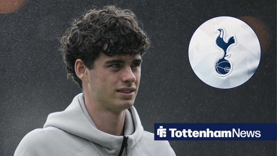 Archie Gray focused before game and Tottenham badge in circular inset