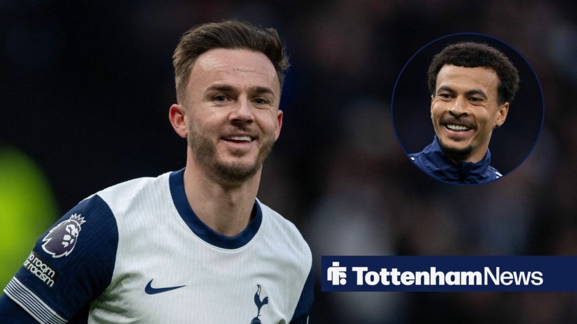 James Maddison smiling in action for Tottenham, Dele Alli in inset.