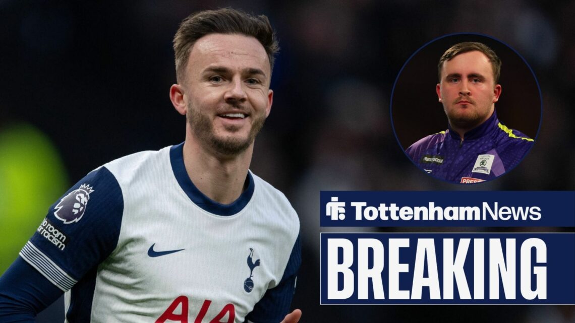 Breaking news as Tottenham star James Maddison smiles during a game, while darts superstar Luke Littler features in a circular inset.