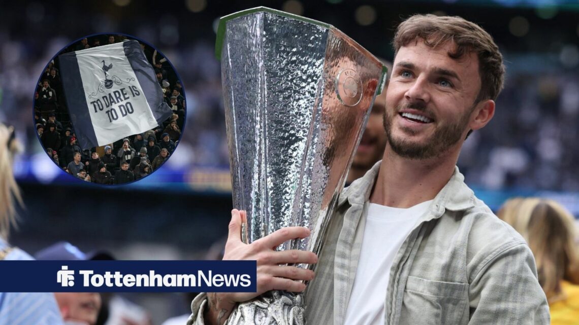 Tottenham star James Maddison smiles while holding the Europa League trophy, as Tottenham fans wave a giant flag in a circular inset.