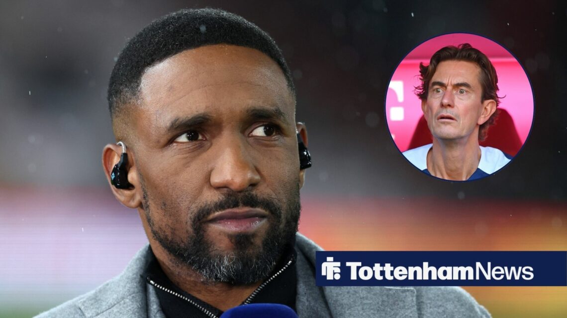 Pundit Jermain Defoe glances towards a circular inset, were Tottenham manager Thomas Frank looks concerned in the dugout.