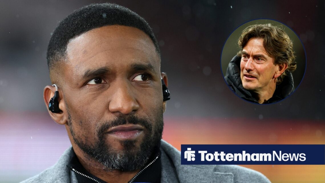 Pundit Jermain Defoe stares in the direction of a circular inset, where Tottenham manager Thomas Frank smiles back.