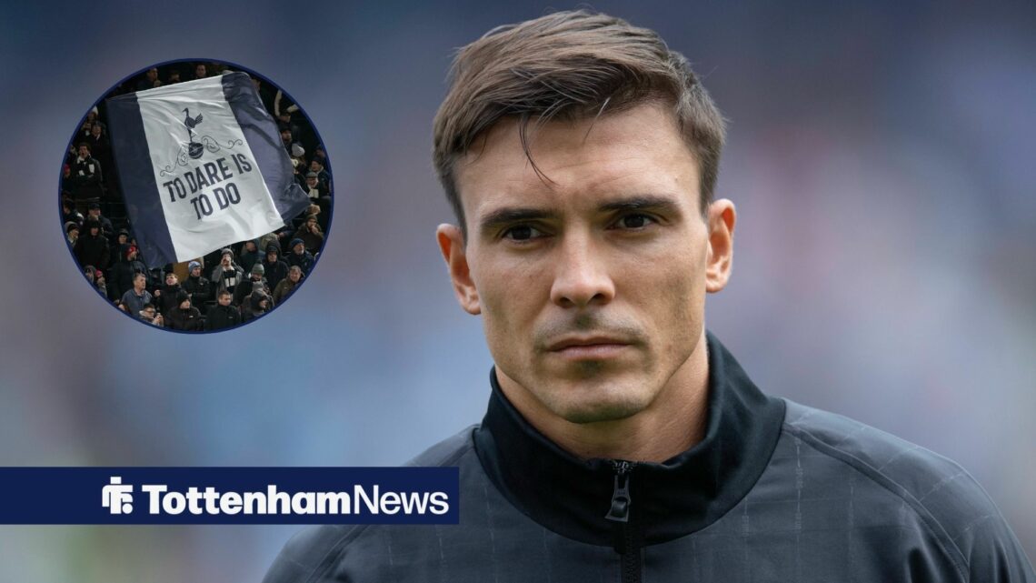 Tottenham star Joao Palhinha stands looking concerned before a game, as Spurs fans wave a giant flag in a circular inset.