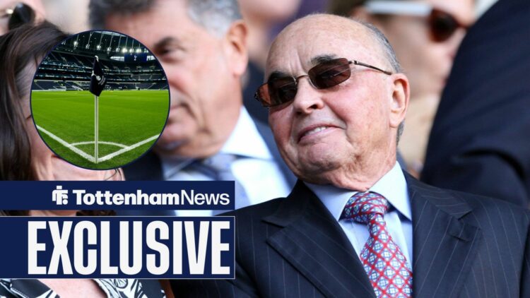Tottenham News exclusive as owner Joe Lewis smiles towards a circular inset, which features a corner flag at the Tottenham Hotspur Stadium
