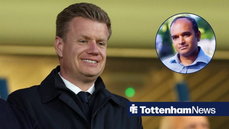 Tottenham technical director Johan Lange smiles across at a circular inset, which features Spurs' CEO Vinai Venkatesham.