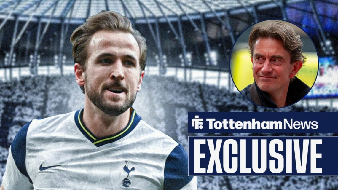 Harry Kane in action in Tottenham kit and Thomas Frank in circular inset