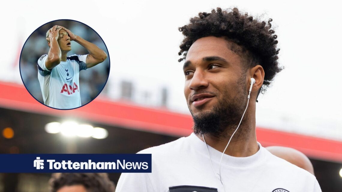 Kevin Schade looking pleased, Tottenham star Richarlison with his head in hands.