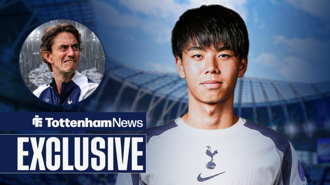 Tottenham News exclusive as Kota Takai stands wearing the home shirt, while Spurs manager Thomas Frank watches on conernedly from a circular inset.