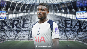 Mohammed Kudus looking stressed with Tottenham Hotspur Stadium behind him in image