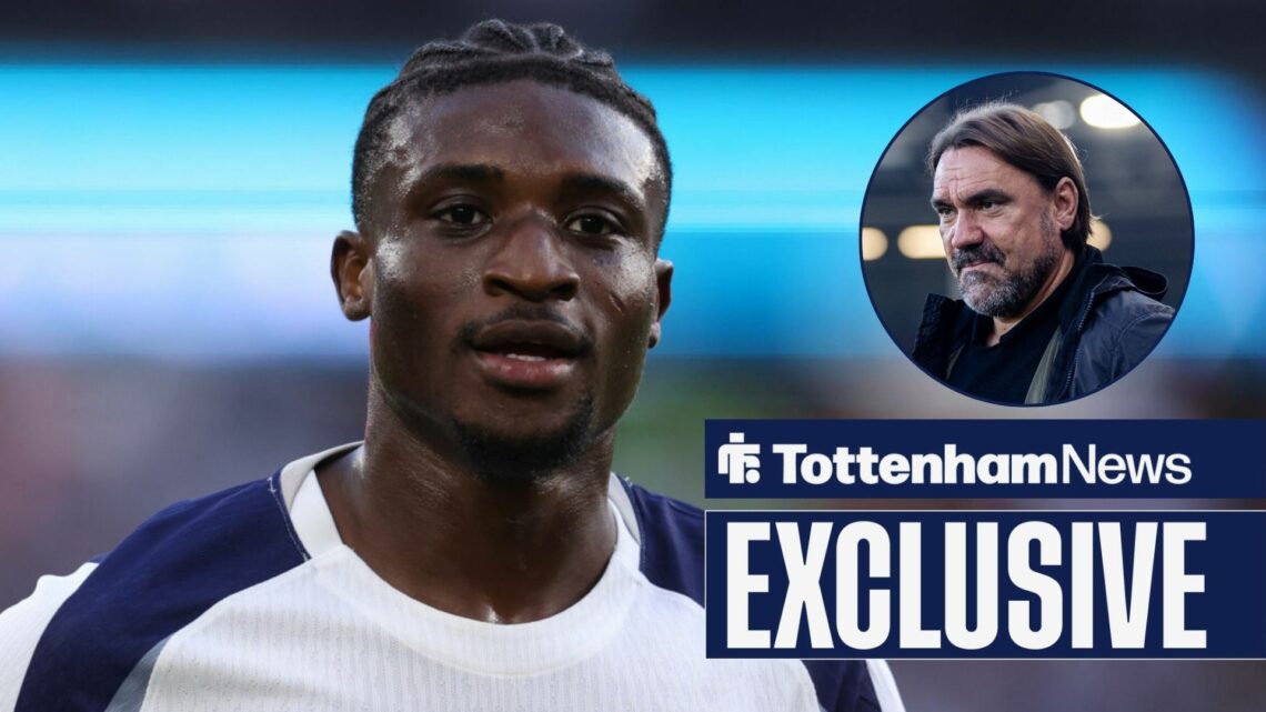 Mohammed Kudus in action for Tottenham with Daniel Farke in circular inset