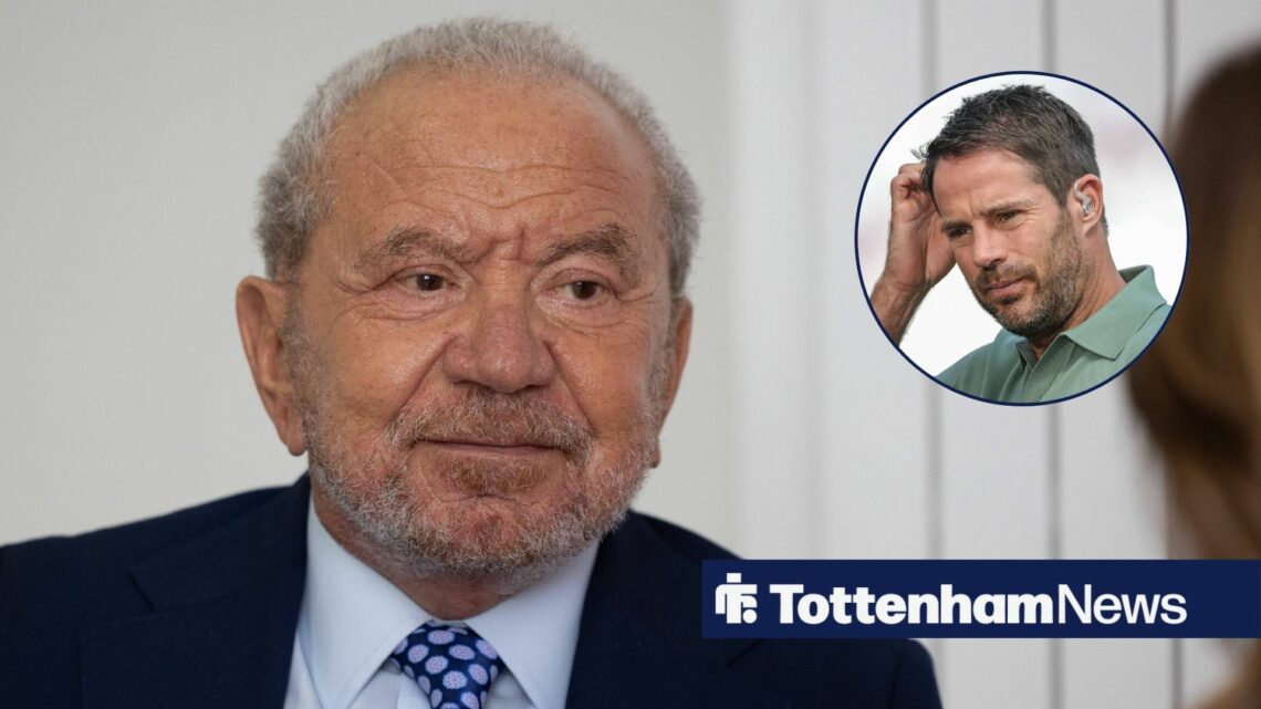 Former Tottenham chairman Lord Alan Sugar stares towards a circular inset, where ex-Spurs midfielder Jamie Redknapp scratches his head.