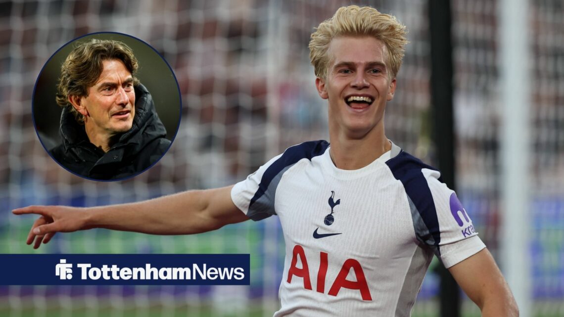 Tottenham midfielder Lucas Bergvall celebrates a goal as manager Thomas Frank watches on from a circular inset.