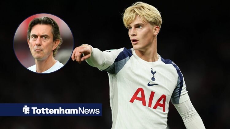 Lucas Bergvall points with an outstretched arm during a game for Tottenham, as manager Thomas Frank glances across from a circular inset.