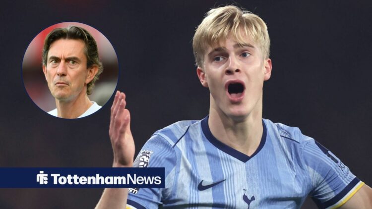 Tottenham star lucas Bergvall waves his arms around in frustration during a game, as manager Thomas Frank glares across at him from a circular inset.