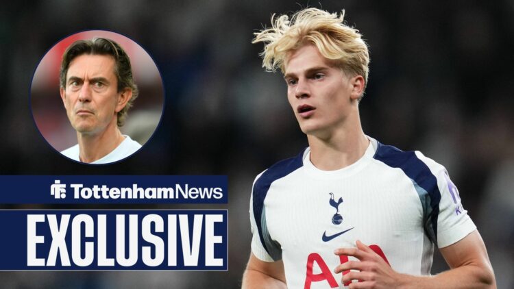 Tottenham News exclusive as Lucas Bergvall jogs during a game, while manager Thomas Frank watches on from a circular inset.
