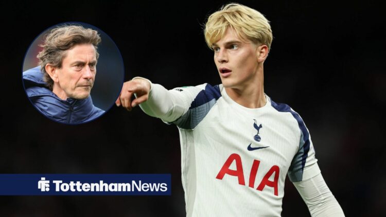 Tottenham star Lucas Bergvall points during a game as manager Thomas Frank watches from a circular inset.