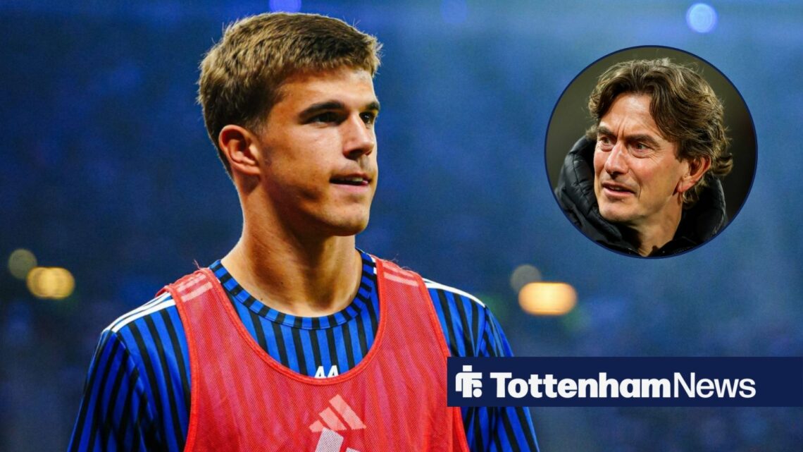 Luka Vuskovic stares at a circular inset while warming up for a game for Hamburg, where Tottenham manager Thomas Frank smiles.