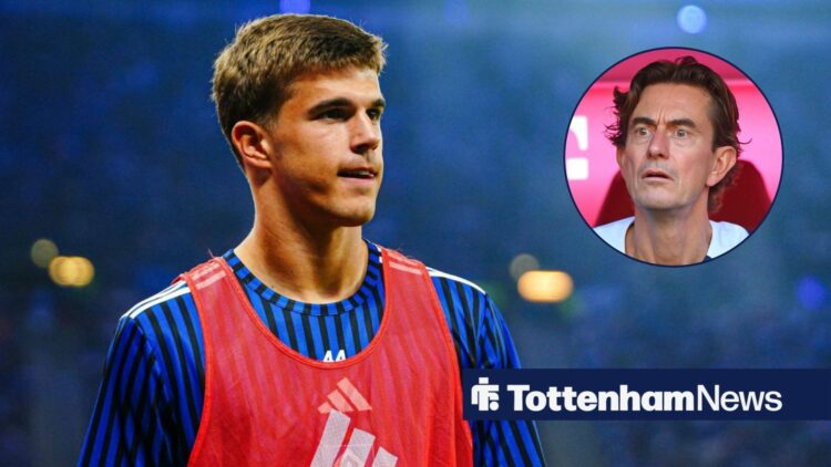 Luka Vuskovic glances towards a circular inset while warming up for Hamburg, where Tottenham manager Thomas Frank stares out from the dugout with a...