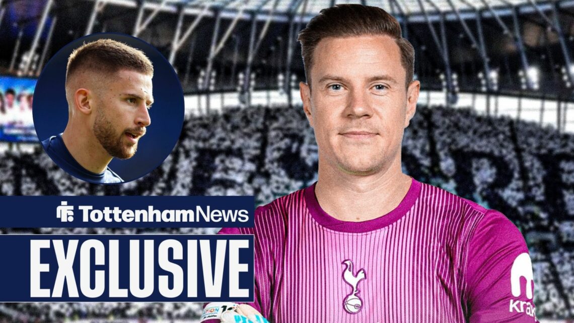 Tottenham News exclusive as Marc-Andre ter Stegen stands wearing a Spurs kit, as Guglielmo Vicario looks on from a circular inset.