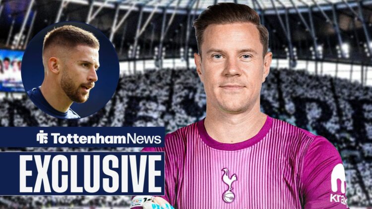 Tottenham News exclusive as Marc-Andre ter Stegen stands wearing a Spurs kit, as Guglielmo Vicario looks on from a circular inset.