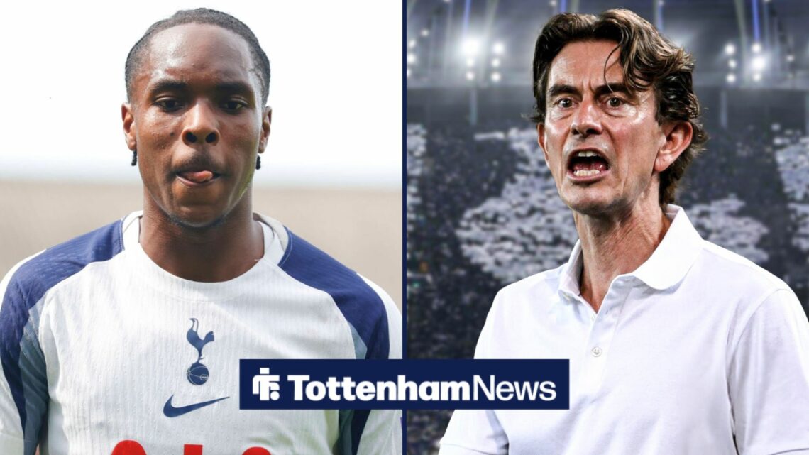 A split image as Tottenham star Mathys Tel stares at the ground during a game, while manager Thomas Frank shouts instructions in a circular inset.